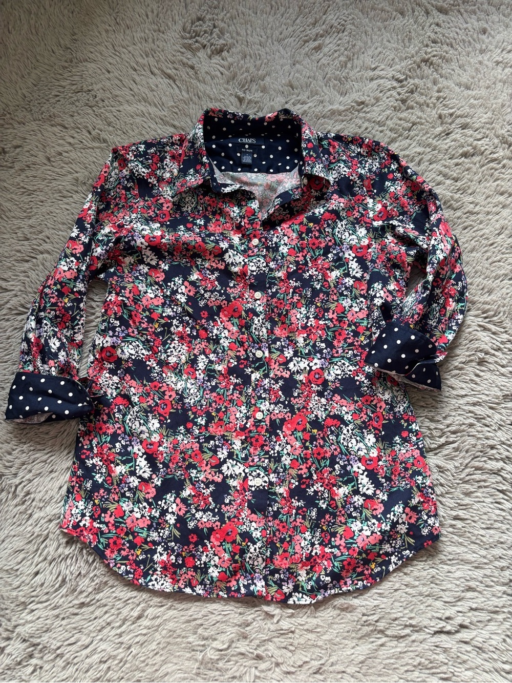 Chaps Navy Floral Button-Down Shirt with Polka Dot Cuff sleeve Medium